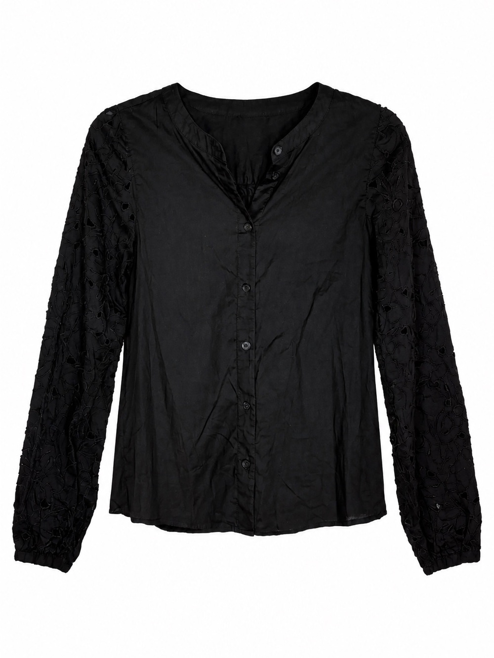 J. Crew - 100% Cotton Black Button-Front Eyelet Sleeve Shirt